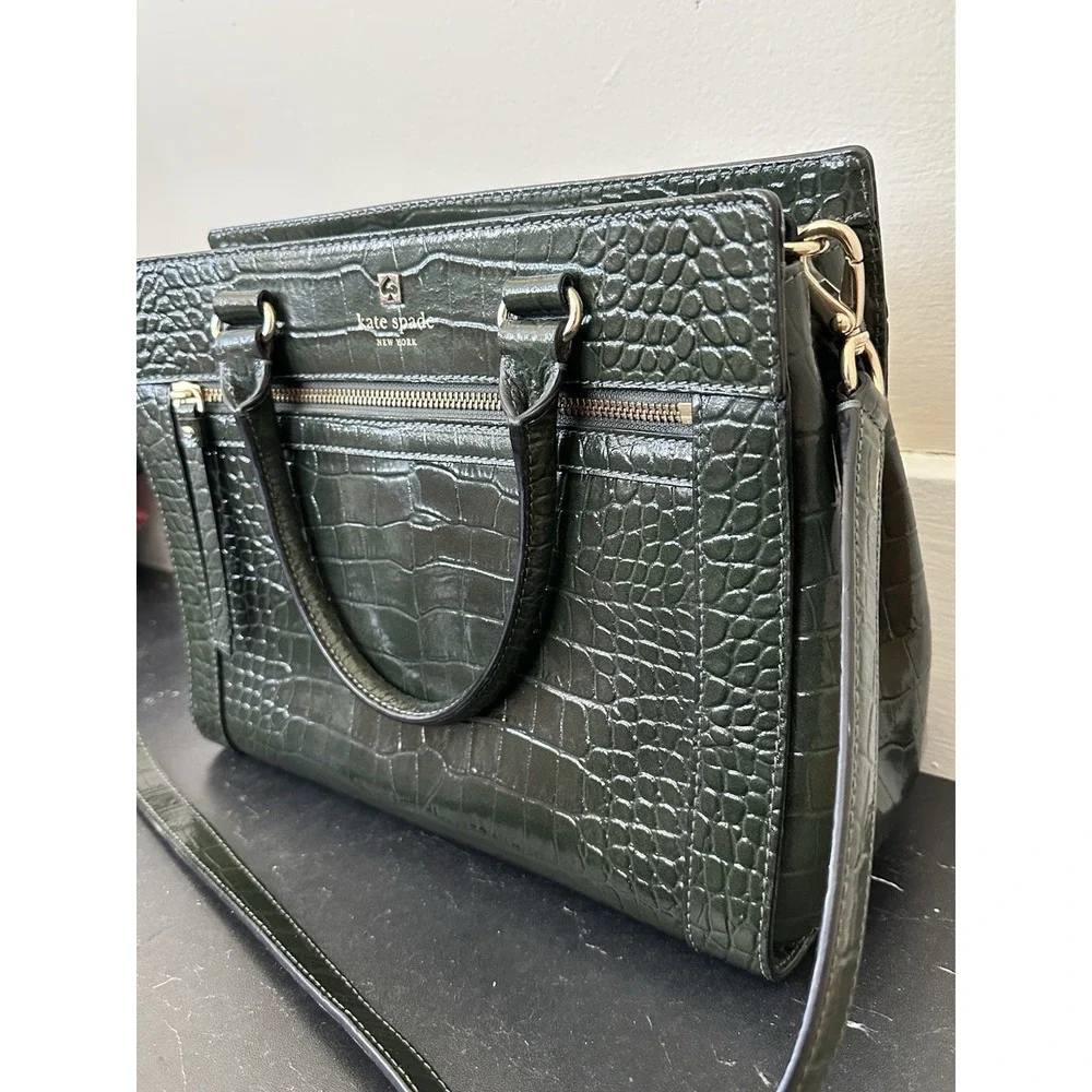Kate‎ Spade NY Crocodile Embossed Leather Shoulder Satchel Handbag Dark Green